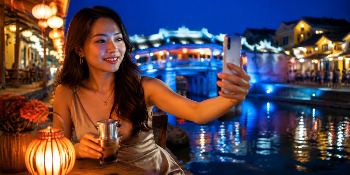 Không gian cà phê Hội An minh họa người dùng kiểm soát thời gian giải trí trên điện thoại